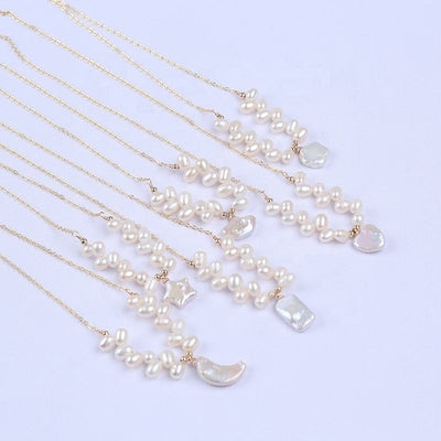 Trendy Jewelry Gold Plated Chain Fashion Custom Shape Heart Star Moon Freshwater Pearl Pendant Necklace