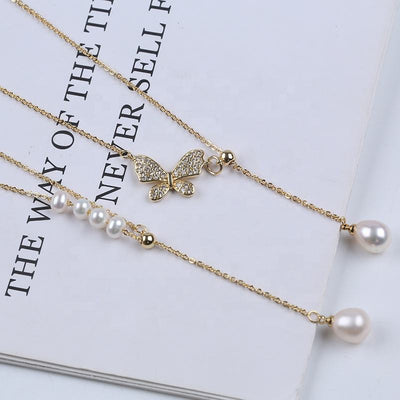 New Fashion Female Rice Potato Freshwater Pearl Fishtail Shell Gold Plated Butterfly Accessories Chain Necklace