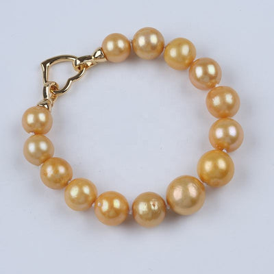 Women Bracelet 10-13mm Dyed Deep Gold Color Edison Round Freshwater Pearl Bead Design Clasp Bracelets