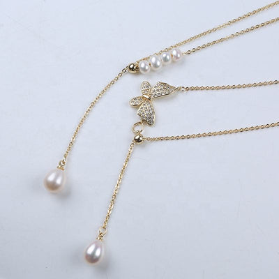 New Fashion Female Rice Potato Freshwater Pearl Fishtail Shell Gold Plated Butterfly Accessories Chain Necklace