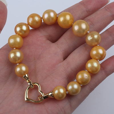 Women Bracelet 10-13mm Dyed Deep Gold Color Edison Round Freshwater Pearl Bead Design Clasp Bracelets