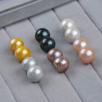Women Fine Jewelry 13-14mm White Pink Purple Gray Gold Color Edison Round Freshwater Pearl Stud Earrings