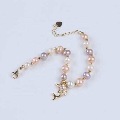 Women Bracelet Potato Natural Freshwater Pearl Bead Design Fish Pendant Bracelet