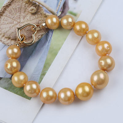 Women Bracelet 10-13mm Dyed Deep Gold Color Edison Round Freshwater Pearl Bead Design Clasp Bracelets