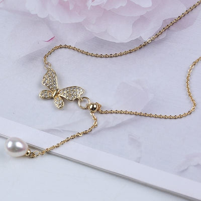 New Fashion Female Rice Potato Freshwater Pearl Fishtail Shell Gold Plated Butterfly Accessories Chain Necklace