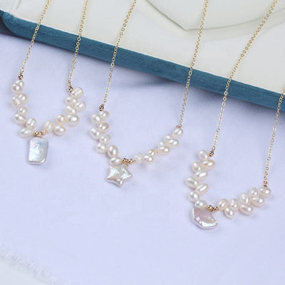 Trendy Jewelry Gold Plated Chain Fashion Custom Shape Heart Star Moon Freshwater Pearl Pendant Necklace