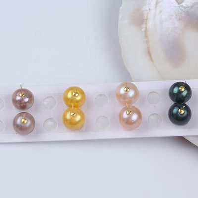Women Fine Jewelry 13-14mm White Pink Purple Gray Gold Color Edison Round Freshwater Pearl Stud Earrings