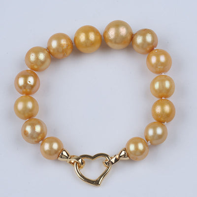 Women Bracelet 10-13mm Dyed Deep Gold Color Edison Round Freshwater Pearl Bead Design Clasp Bracelets