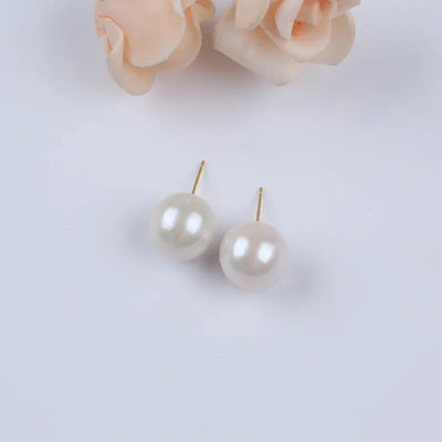 Women Fine Jewelry 13-14mm White Pink Purple Gray Gold Color Edison Round Freshwater Pearl Stud Earrings