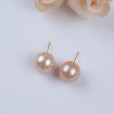 Women Fine Jewelry 13-14mm White Pink Purple Gray Gold Color Edison Round Freshwater Pearl Stud Earrings