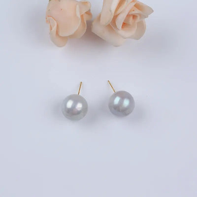 Women Fine Jewelry 13-14mm White Pink Purple Gray Gold Color Edison Round Freshwater Pearl Stud Earrings